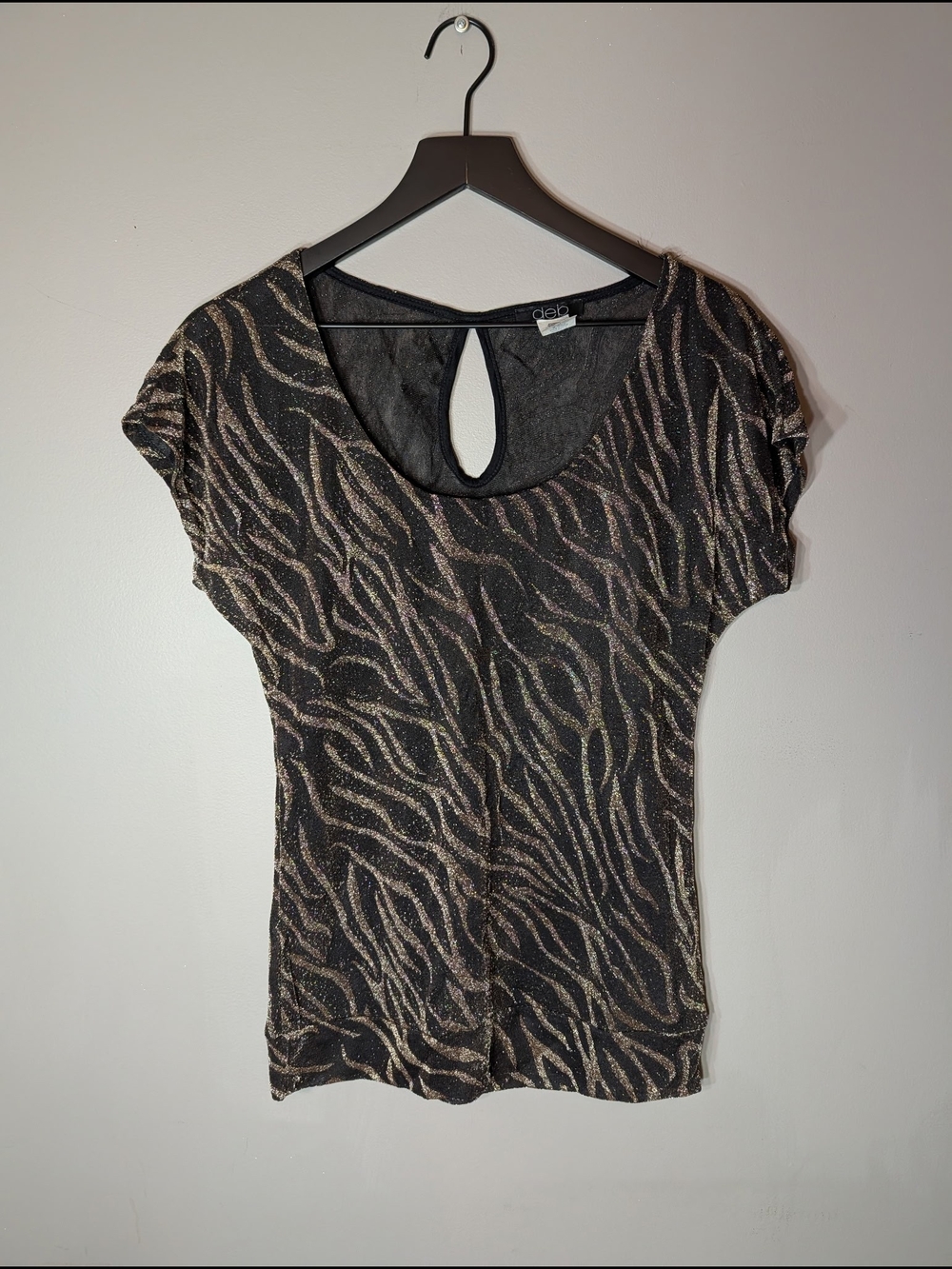 Deb  Vintage Sheer Black Short Sleeve Top with Metallic Gold Animal Print